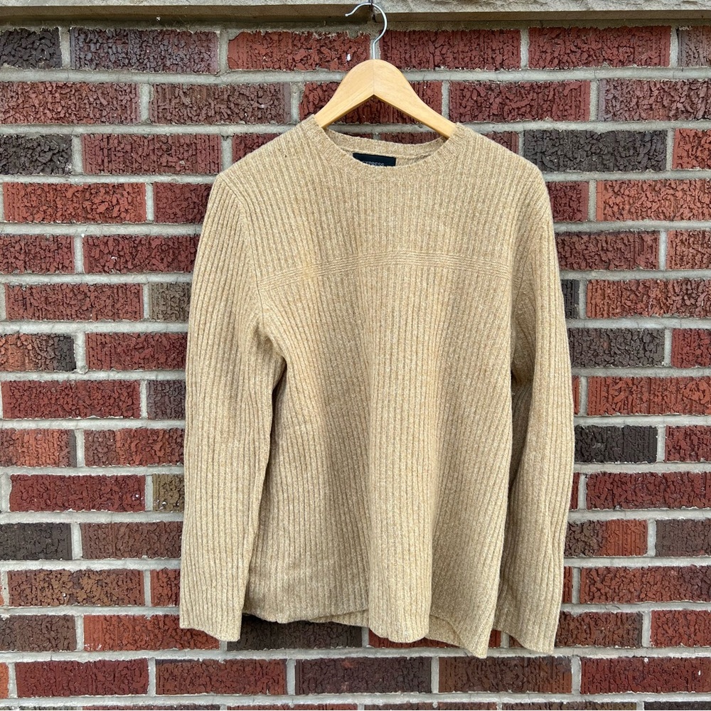 Express Yellow Tan and White Marled Ribbed Crewneck Pullover Sweater